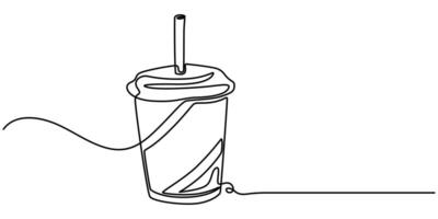 paper cup with dringking straw continuous one line drawing vector