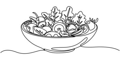 vegetables salad on bowl continuous one line drawing, Single one line drawing Fresh vegetable salad in bowl vector