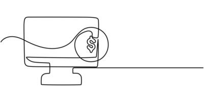 Continuous One Line Drawing Desktop computer with stack of coins. Icon with long shadow on blank background - Flat Design vector