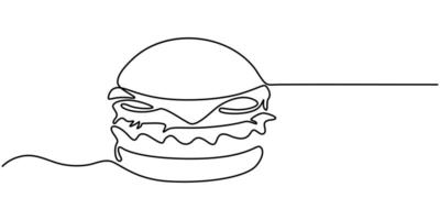 Hamburger food continuous line. Continuous one line drawing of burger vector