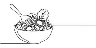 Single continuous one line drawing Fresh vegetable salad in bowl. Breakfast Concept. Continuous line draw design graphic illustration. vector