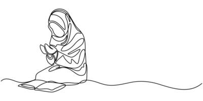 Muslim woman praying and reading the Koran continuous one line drawing vector