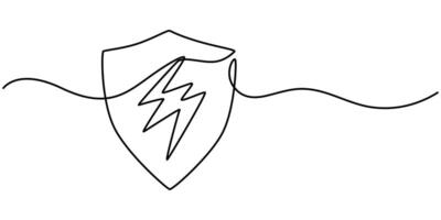 Continuous linear drawing of shield with lightning. Safety concept vector