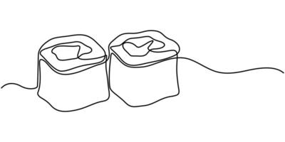 Continuous one line drawing of sushi rolls. Japanese food restaurant menu. Simple illustration vector