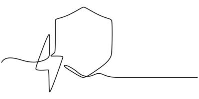 Continuous linear drawing of shield with lightning. Safety concept, Security shield energy icon vector