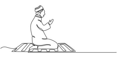 Continuous one line drawing of muslims prayer. Single line drawing illustration of Muslim person sitting and praying vector