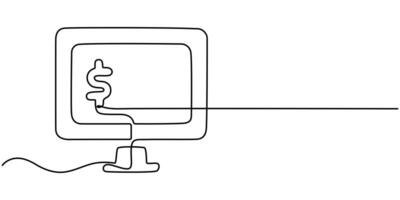 monitor with coin icon continuous one line drawing, Internet Marketing vector
