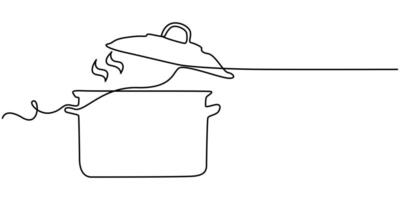 steaming cooking pot continuous one line drawing illustration, Saucepan Single Line Icon vector