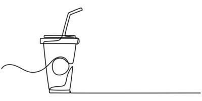 abstract set of three juice glasses with lid and straw, continuous single one line art hand drawing sketch vector