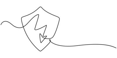 Continuous linear drawing of shield with lightning. Safety concept, Security shield energy icons continuous one line drawing, protection vector