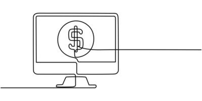 monitor with coin continuous one line drawing vector