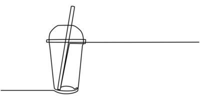 Fast food, drink. Continuous single drawn one line glass with straw drawn by hand picture silhouette vector