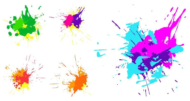 Droped colored blots and dots of paint splatter. Set of paint drops, brush strokes for decoration. Isolated on white background