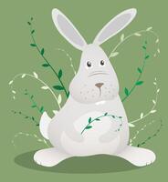 Little funny rabbit sits on green meadow. Symbol of Easter and 2023 in Chinese calendar. Childrens image illustration vector