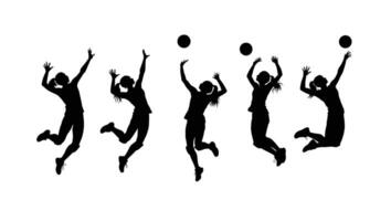 Dynamic Silhouettes of Female Volleyball Players in Action, Leaping and Spiking with Intense Energy Against White Background vector