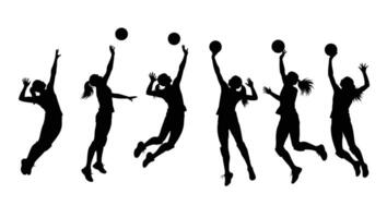 Dynamic Silhouettes of Female Volleyball Players in Action, Displaying Powerful Leaps and Intense Gameplay - Professional digital artwork with vibrant colors and detailed vector
