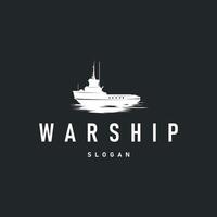 Military warship logo design, war ocean transport with ship icon with heavy weapons with black silhouette as brand template symbol illustration vector