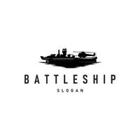 Military warship logo design, war ocean transport with ship icon with heavy weapons with black as brand template symbol and illustration vector