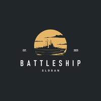 Military warship logo design, war ocean transport with ship icon with heavy weapons with black silhouette brand template symbol and illustration vector