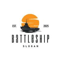 Military warship logo design, war ocean transport with ship icon with heavy weapons with black silhouette as brand template symbol vector