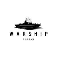 Military warship logo, war ocean transport with ship icon with heavy weapons with black silhouette as brand template symbol and illustration vector