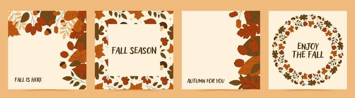 Set of cards with autumn design. Flat fall elements berries, leaves, acorn and more and text. illustration vector