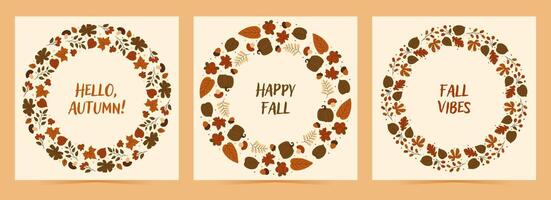 Set of cards with autumn design. Fall foliage frame illustrations with pumpkins, leaves, berries, branches and more. illustration vector