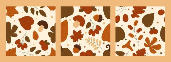 Autumn seamless pattern set with berries, mushrooms, acorns, colorful leaves. Perfect for fall print, fabric, textile, material and more. illustration vector