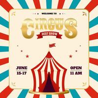 Golden circus card with tent and ribbon on radiant striped background. Design for festive poster or invitation. illustration vector