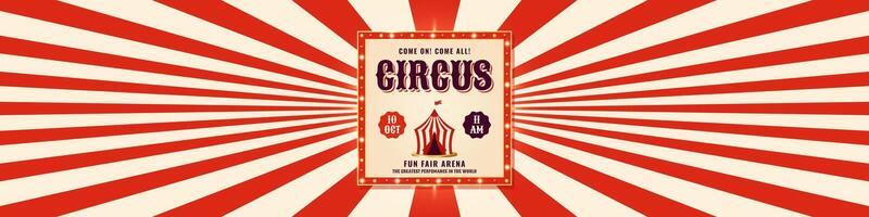 Retro circus banner with red rays on background and vintage frame. Template for event headers, carnival ads or themed promotions. illustration vector