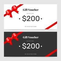 Elegant gift voucher with red classic bow knot and red satin ribbon on white and black background. High quality illustration for business and personal projects vector