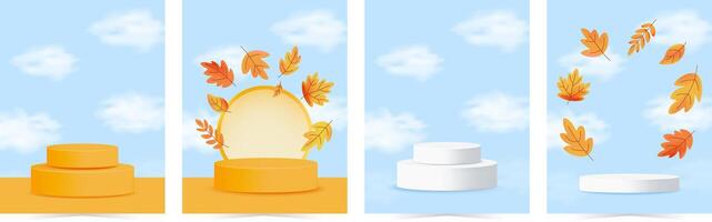 Collection of autumn themed vertical posters with white and orange 3D podiums and leaves swirling on blue sky background. illustration vector