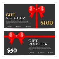 Elegant gift voucher with red classic bow knot and red satin ribbon on black background. Template for commercial use in promotions, sales, online shops and print ready marketing material vector