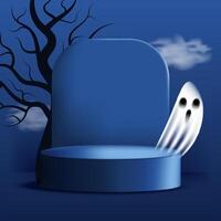 Square Halloween mockup with podium, ghost, tree and spooky sky. Ideal for showcasing product or message. illustration vector