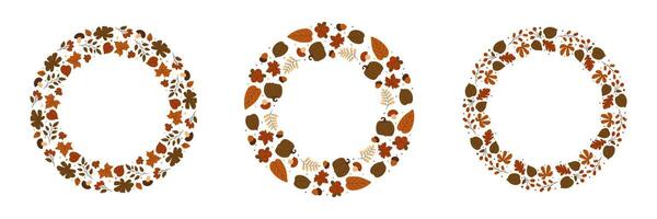 Fall foliage wreath illustrations set with pumpkins, leaves, berries, branches and more. Seasonal frame for autumnal nature design, invitations, web decor. illustration vector