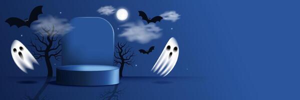 Wide Halloween horizontal background with flying ghosts, moon, clouds and tree silhouettes. Great for web banner or header. illustration vector