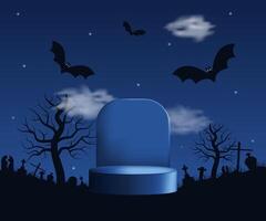 Horizontal Halloween mockup with bats, podium and spooky trees. Space for text or product design. illustration vector