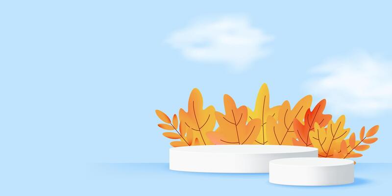 Autumn banner with white podiums surrounded by bright foliage and blue cloudy sky. Ideal for advertising seasonal products. illustration