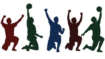 Five Jubilant Athletes Celebrate Victory in Dynamic Silhouettes Against a White Background - Professional digital artwork with vibrant colors and detailed composition vector