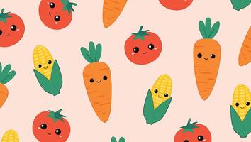 Delightful Seamless Pattern of Cute Cartoon Vegetables Happy Tomatoes, Carrots, and Corn on a Peach Background vector
