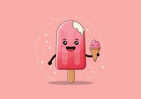 Cute pink ice cream with a smiling face, holding an ice cream cone on pink background with stars. Fun, whimsical illustration perfect for kids, summer designs, and stickers vector