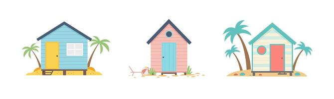 Stylized summer beach huts in soft pastel colors with tropical details and clean lines on white. Perfect for holiday, travel, or seaside-themed design projects. vector