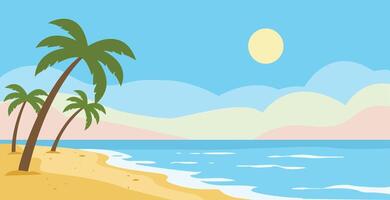 Flat style tropical beach with palm trees, pastel sky, soft clouds, blue ocean, and yellow sun. vector