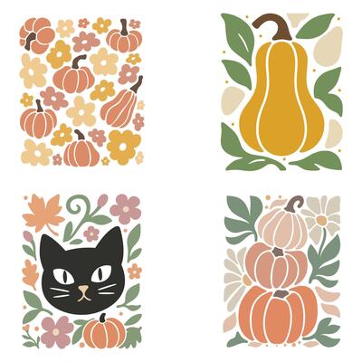 set of Retro Autumn Fall illustration, Boho Halloween Autumn season vibes, Happy Fall Design Sublimation