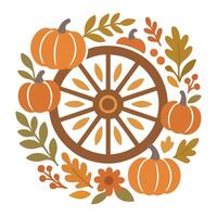 Pumpkin Wagon Wheel illustration, Fall Autumn Clipart, Retro Boho Autumn design sublimation, Happy Fall season vibes vector