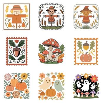 Fall Autumn Clipart, Retro Boho Autumn design sublimation, Happy Fall season vibes set vector