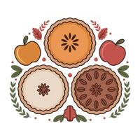 Thanksgiving Pie Trio illustration - Fall Autumn Clipart, Retro Boho Autumn design sublimation, Happy Fall season vibes vector