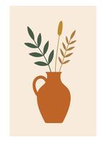 Terracotta Jug Botanical Print - Abstract Boho Wall Art , Retro home decor illustration, minimalist Wall art vector