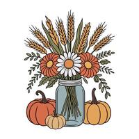 Pumpkin Bouquet Jar illustration - Fall Autumn Clipart, Retro Boho Autumn design sublimation, Happy Fall season vibes vector