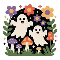 Harvest Ghost Friends - Fall Autumn Clipart, Retro Boho Autumn design sublimation, Happy Fall season vibes vector